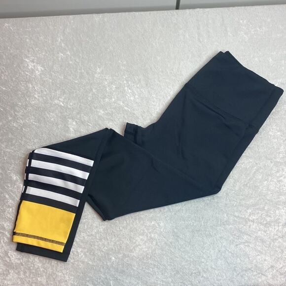 Zyia Black with Yellow and White strips on one leg Leggings Size 4 - Picture 2 of 6